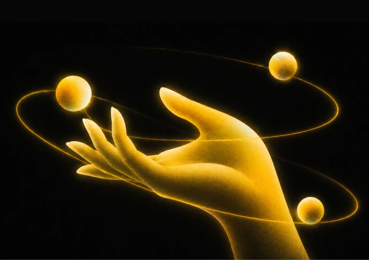 A glowing golden hand surrounded by orbiting spheres on a black background