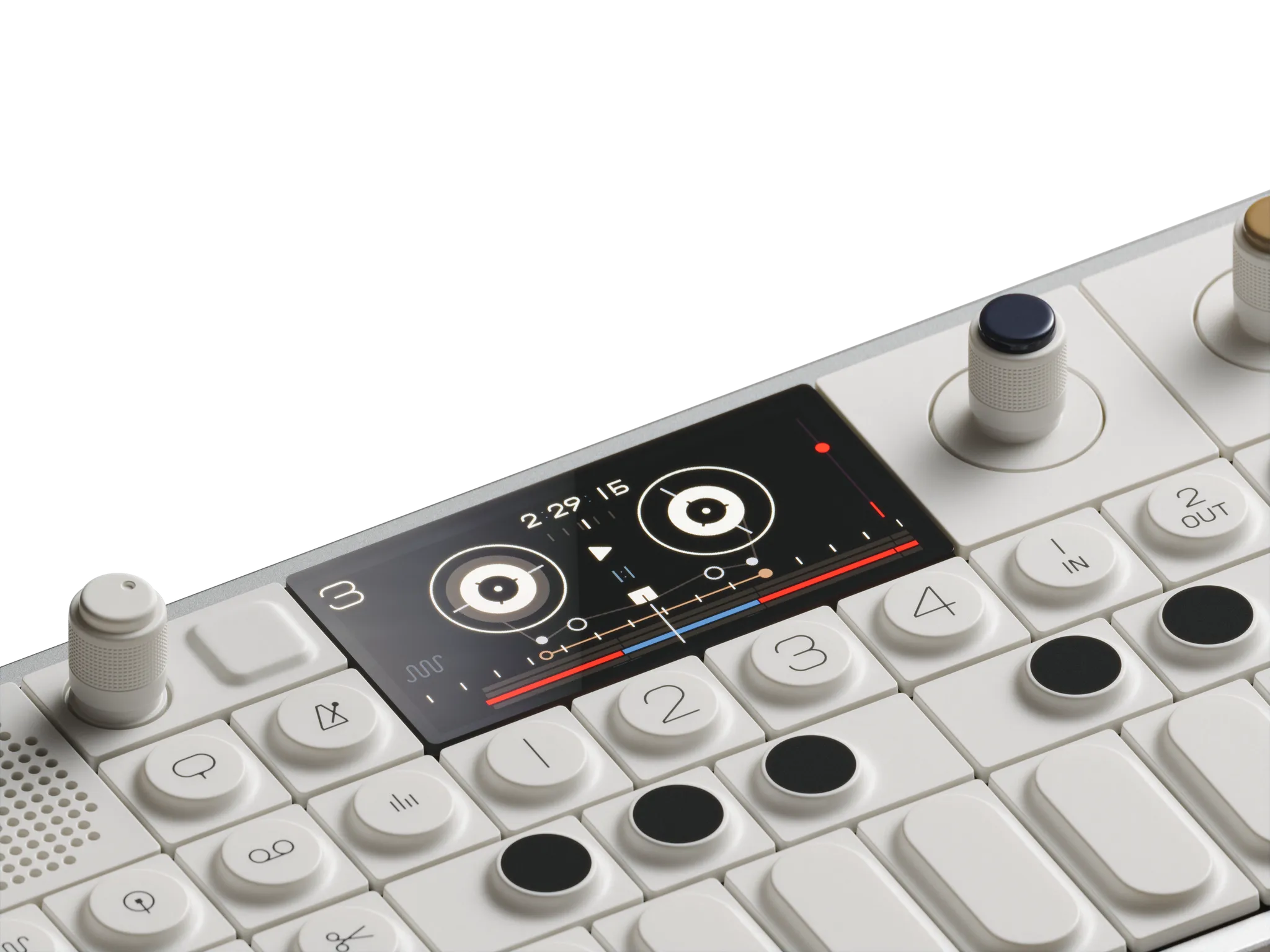 Close-up of the Teenage Engineering OP-1 interface and colorful controls